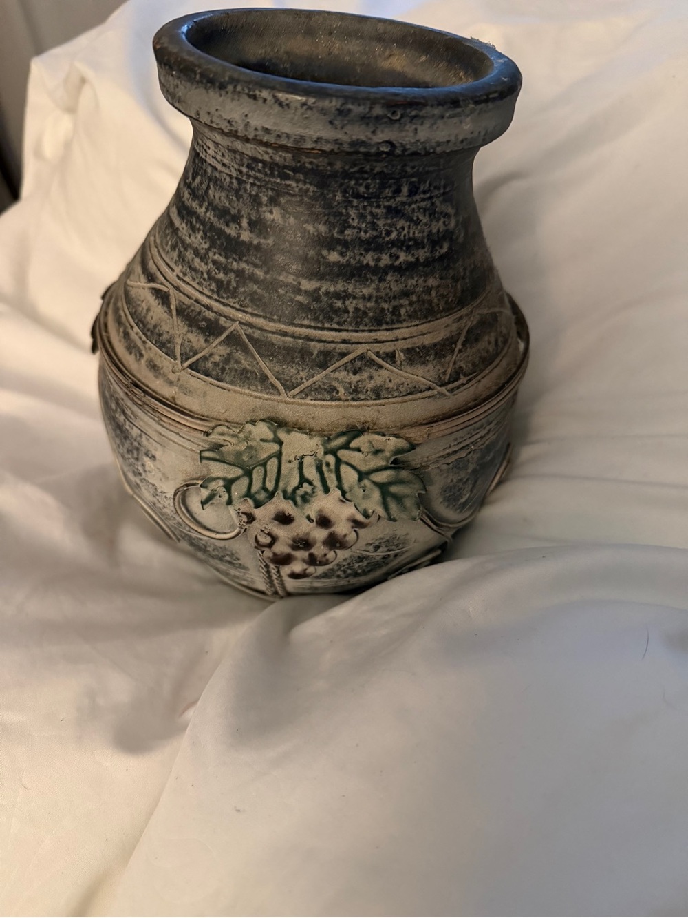 Textured Gray Ceramic Vase with Green Leaf Accent